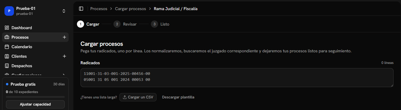 Carga de radicados de Rama Judicial